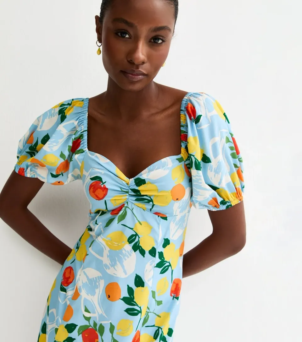 Women's Light Blue Crepe Fruit Print Midi Dress