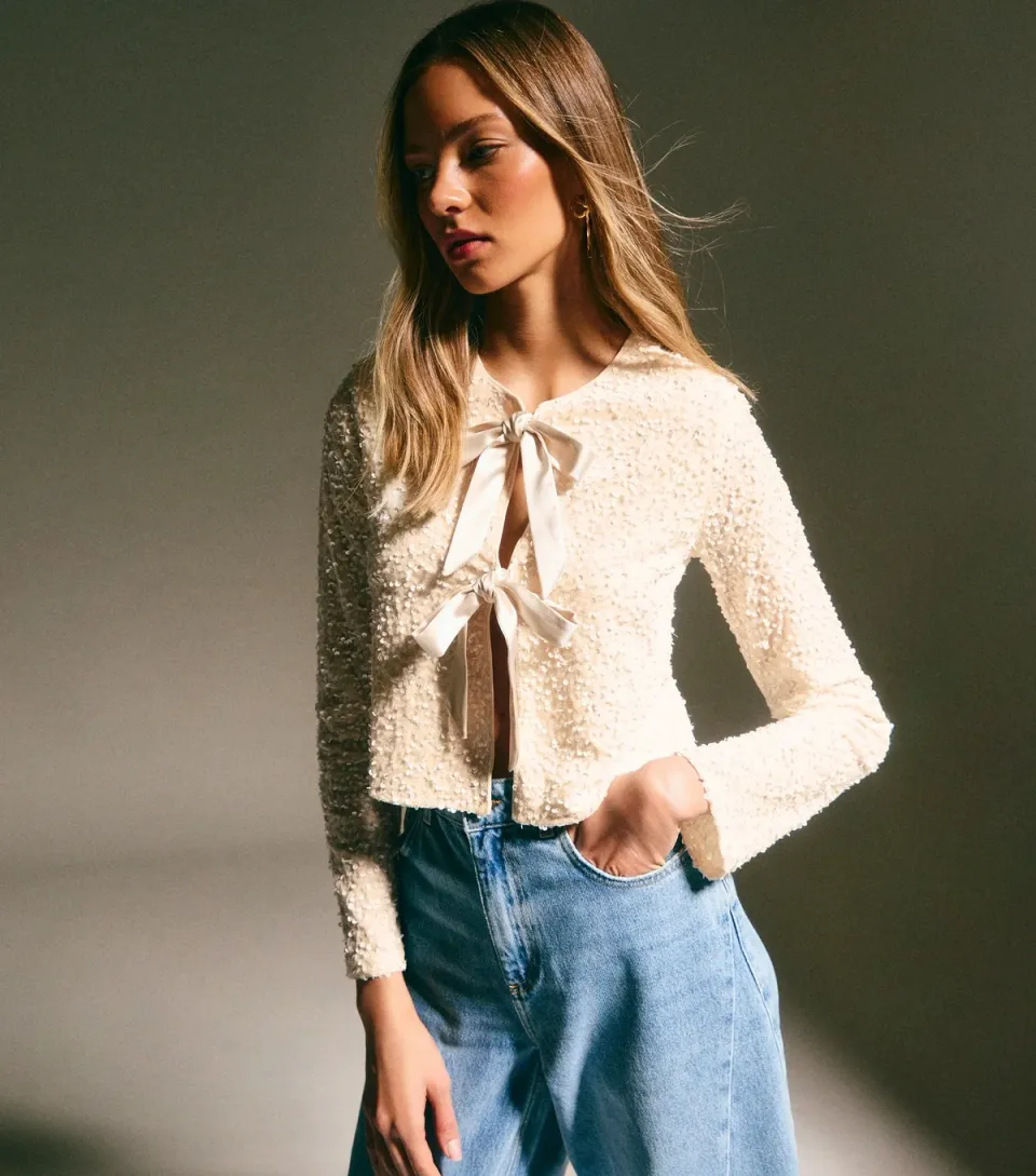 Women's Cream Velvet Sequin Embellished Tie Front Cardigan