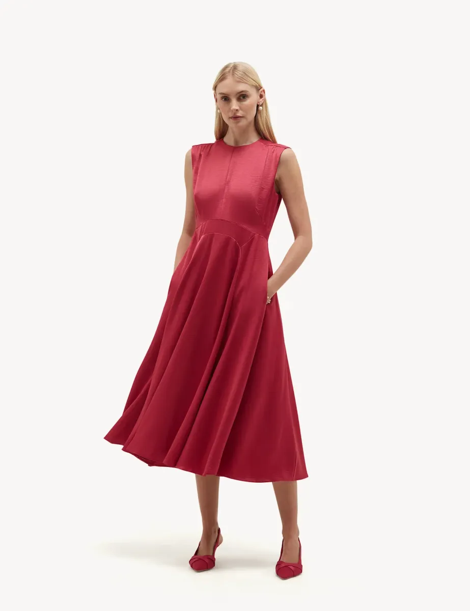 Satin Crew Neck Midi Skater Dress Pink