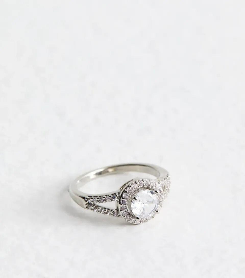 Silver Tone Cubic Zirconia Round Engagement Ring