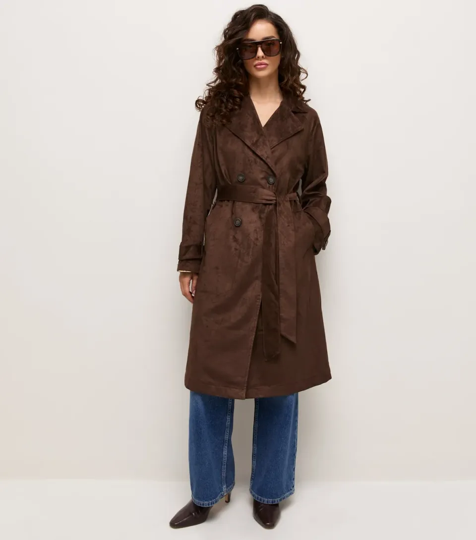 Women's Petite Dark Brown Faux Suede Longline Trench Coat