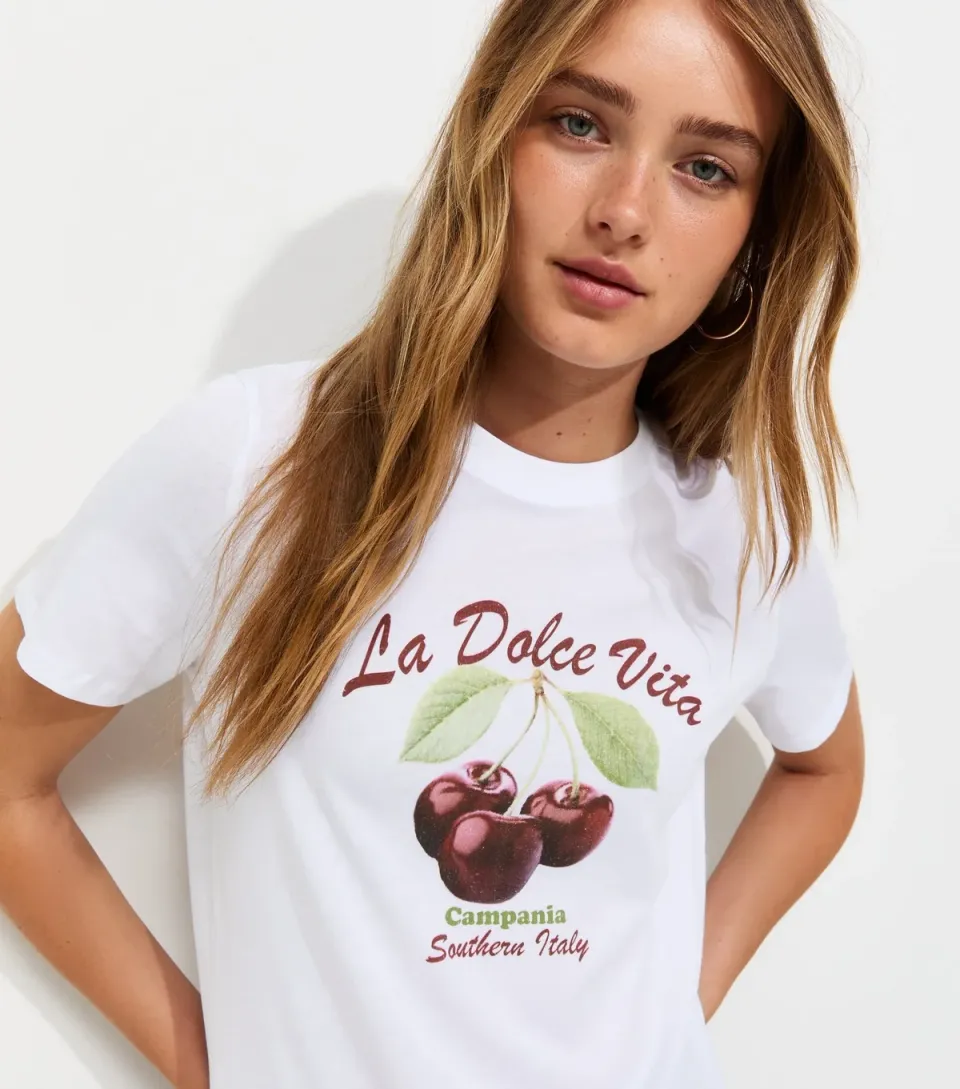 Women's White Cotton Cherry Print Crew Neck T-Shirt