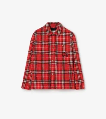Check Quilted Wool Flannel Jacket in Crayon red
