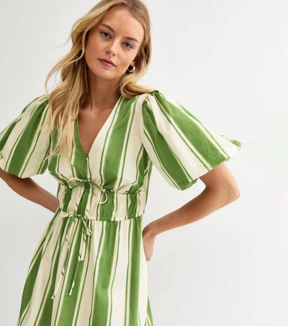 Women's Tall Green Striped Puff Sleeve Midi Dress