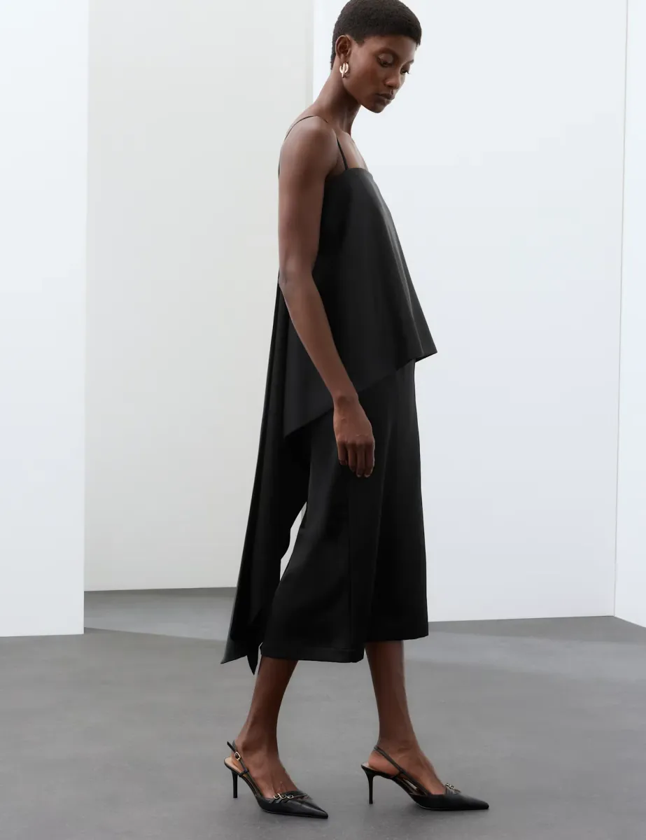 Lyocell Rich Satin Draped Midaxi Cami Dress Black