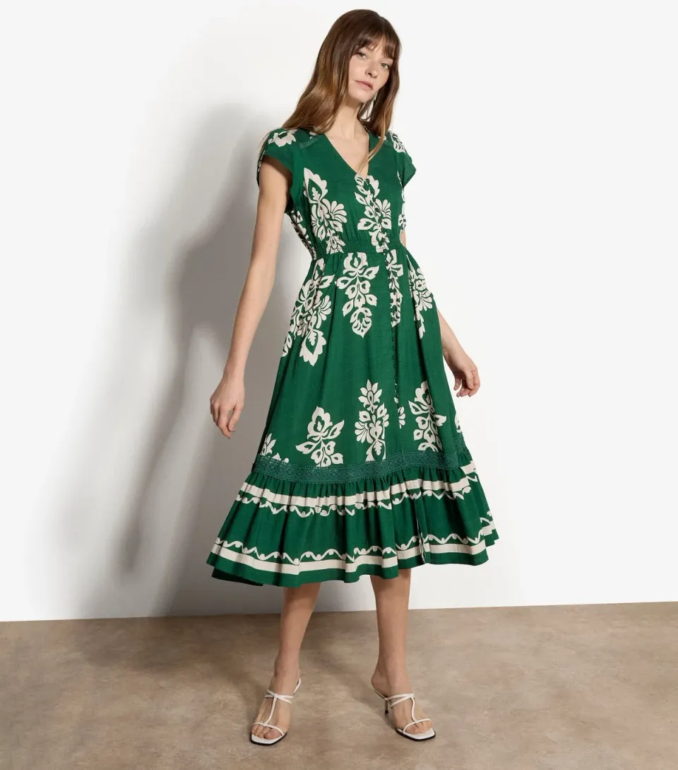Women's Green Leaf Print Buttoned Midi Dress
