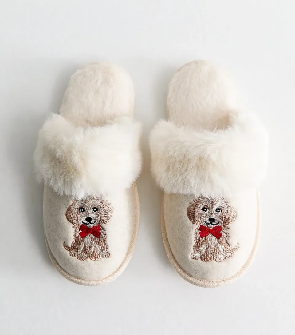 Women's Off White Faux Fur Cockapoo Embroidered Mule Slippers