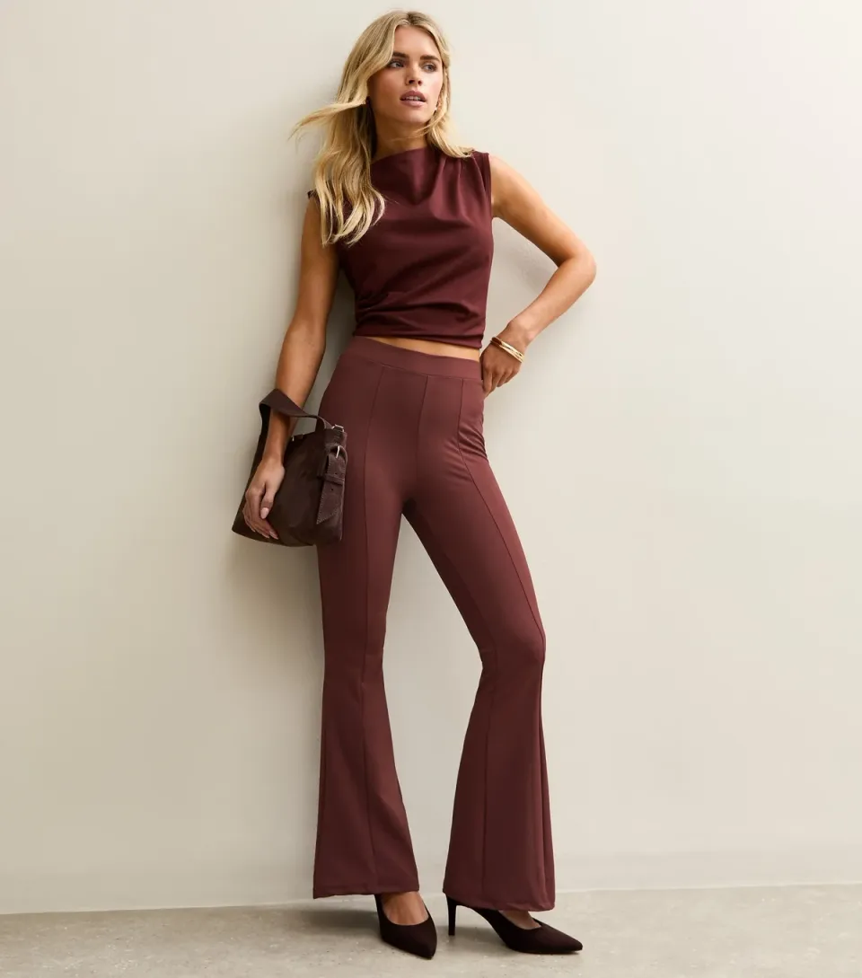 Women's Petite Dark Brown Front Seam Flared Trousers