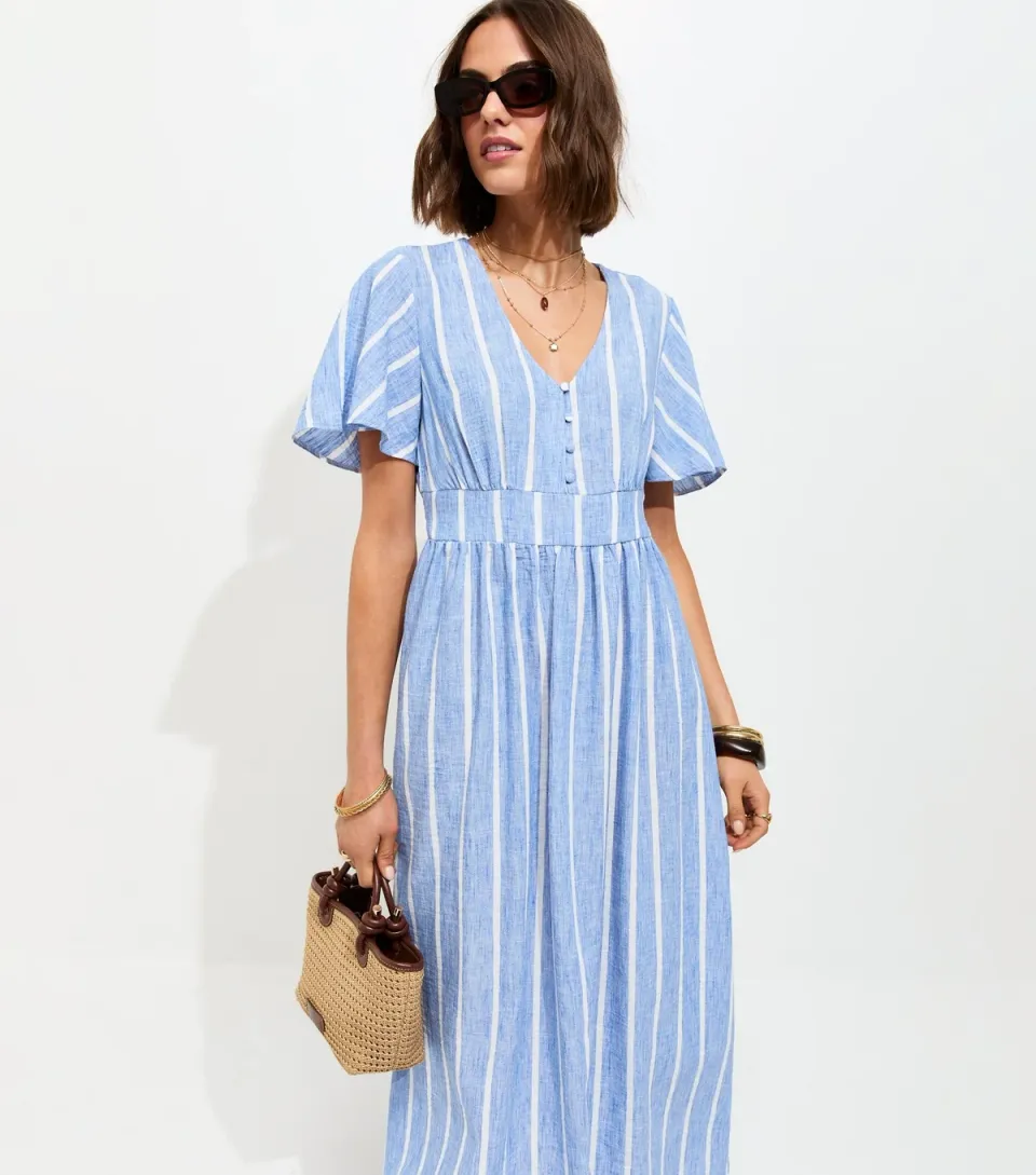 Women's Blue Stripe Woven Midi Dress