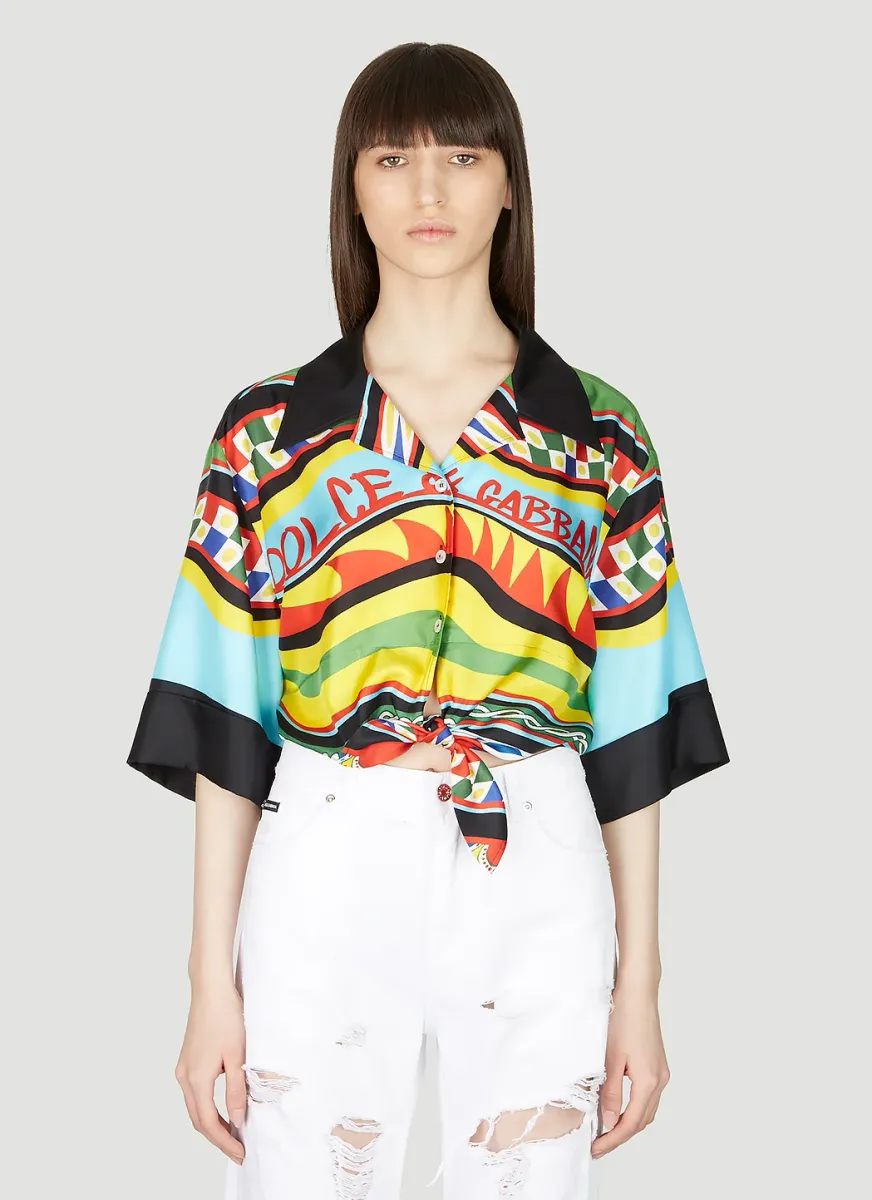 Cropped Stripe Print Silk Shirt