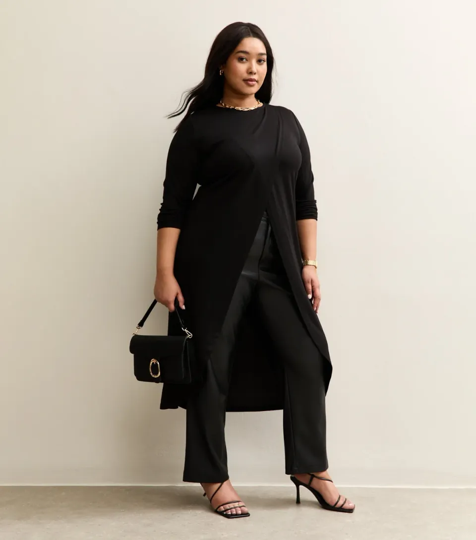 Women's Plus Size Black Soft Touch Longline Wrap Top Curves