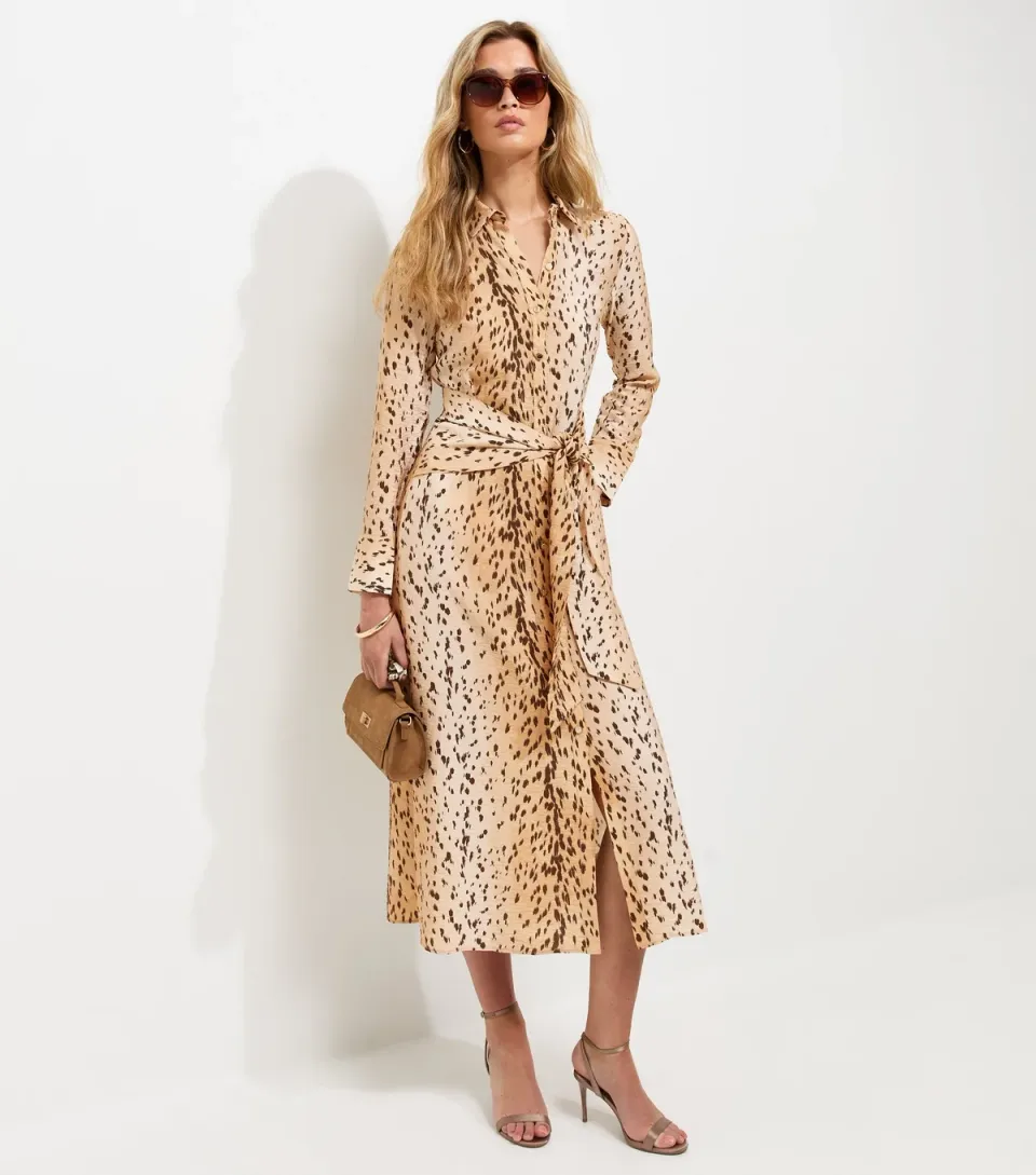 Women's Tall Brown Animal Print Long Sleeve Midi Shirt Dress