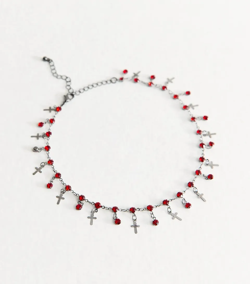 Gunmetal Halloween Gem and Cross Charm Choker Necklace