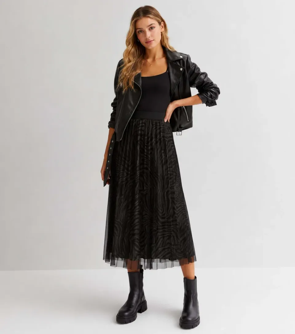 Women's Black Zebra Print Mesh Pleated Midi Skirt