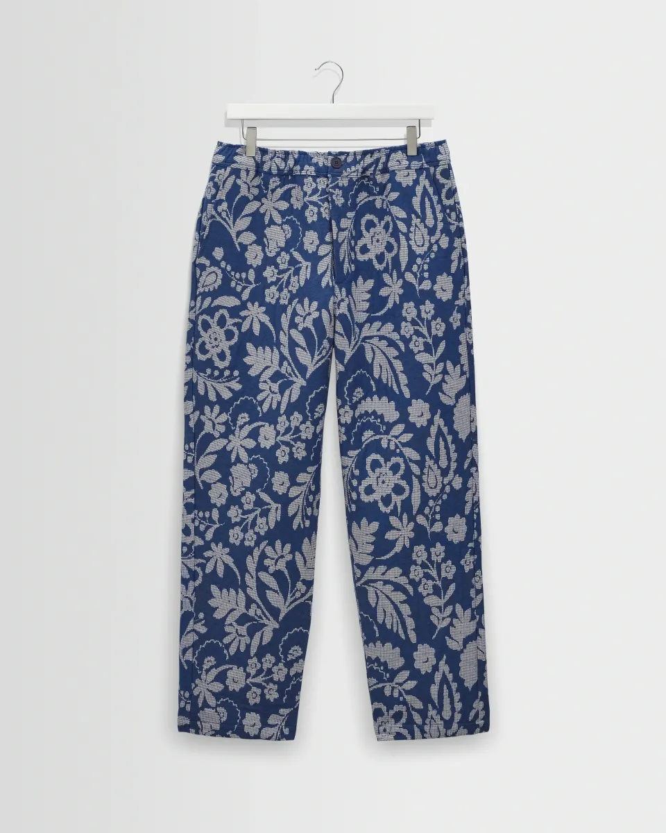 Kurt - Blue and Ecru Floral Jacquard Relaxed Fit Trousers