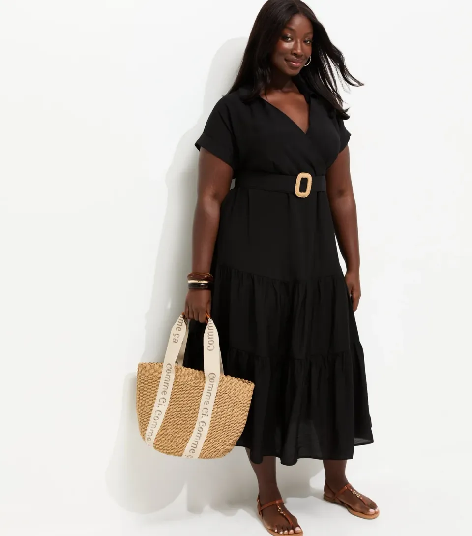 Women's Plus Size Black Tiered Shirt Raffia Belt Midi Dress Curves