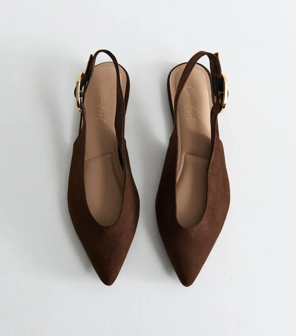 Women's Dark Brown Faux Suede Buckle Pointed Slingback Pumps Vegan