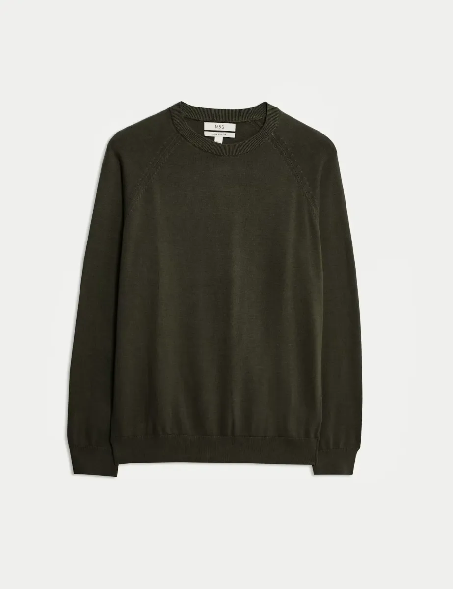 Pure Cotton Crew Neck Jumper Dark Khaki