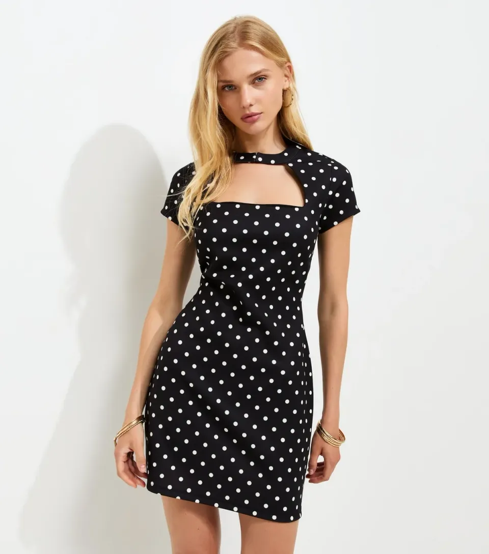 Women's Black Polka Dot Cut Out Neck Mini Dress
