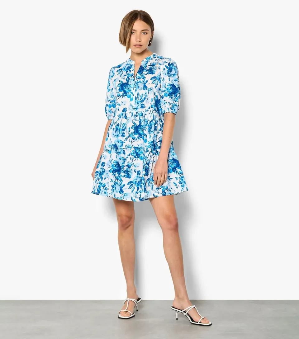 Women's Blue Cotton Floral Tiered Mini Dress