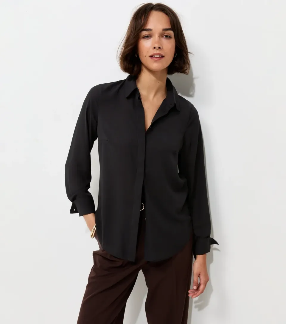 Women's Black Concealed Button Long Sleeve Shirt