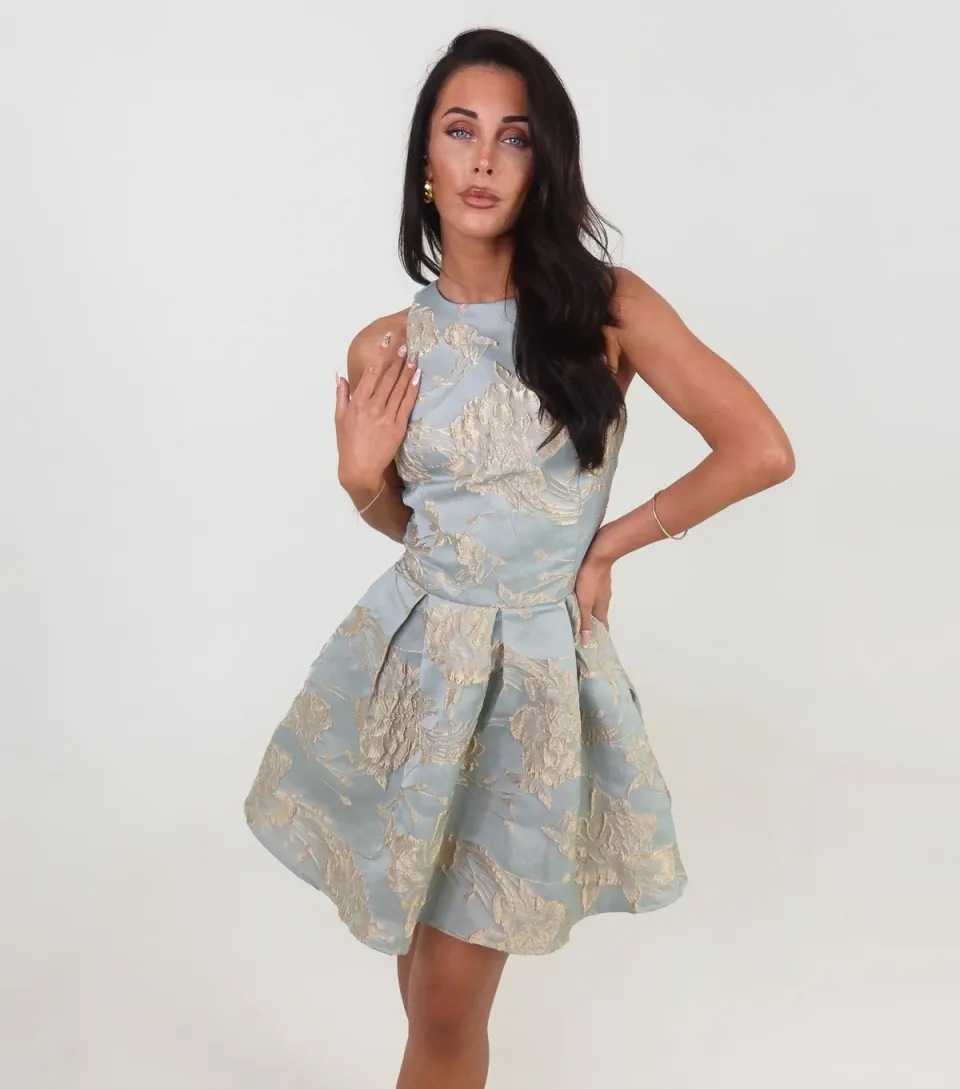 Women's Mint Green Jacquard Sleeveless Mini Dress