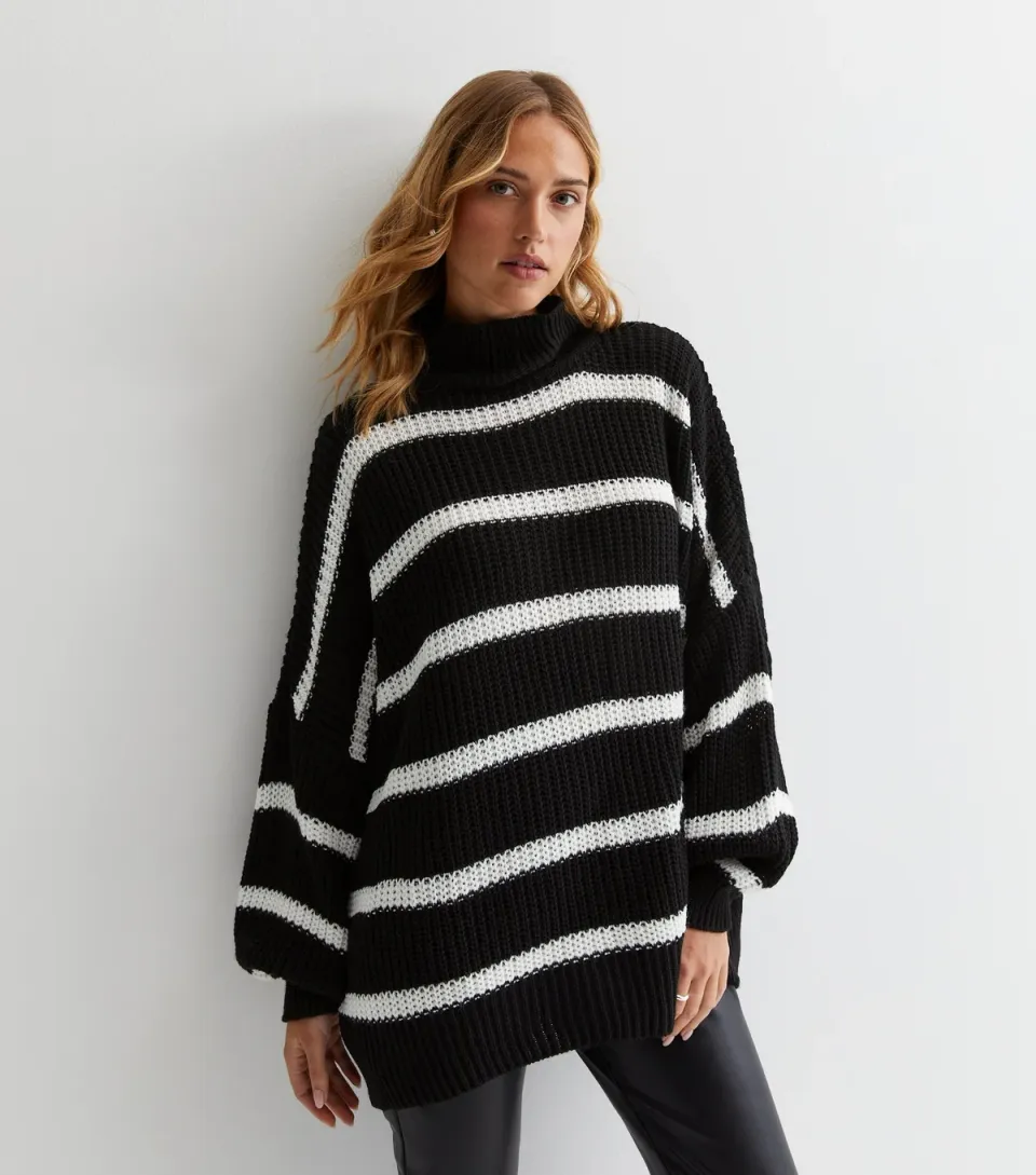 Women's Black Stripe Chunky Knit High Neck Jumper