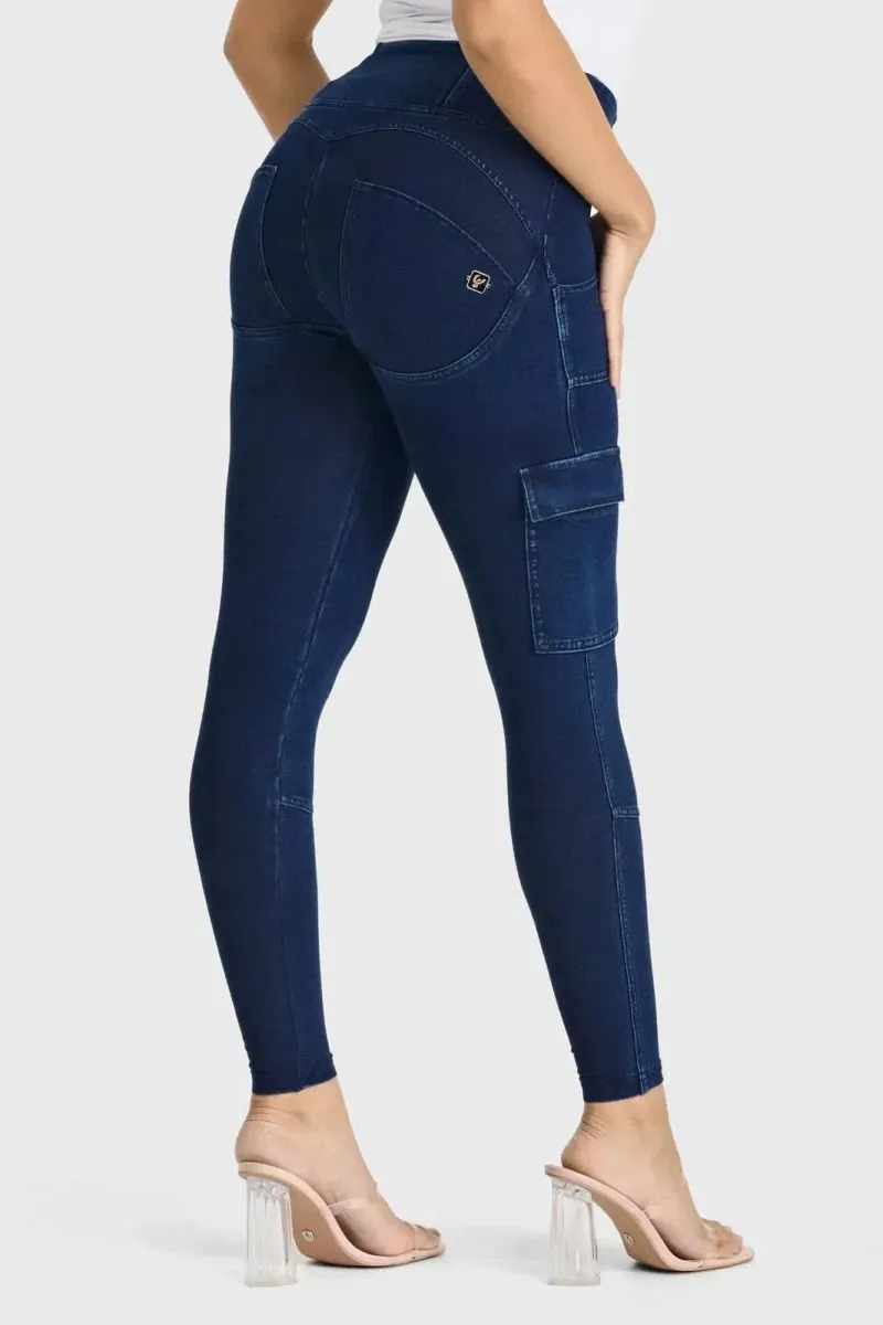 WRUP Cargo Denim - High Waisted - 7/8 Length - Dark Blue + Blue Stitching