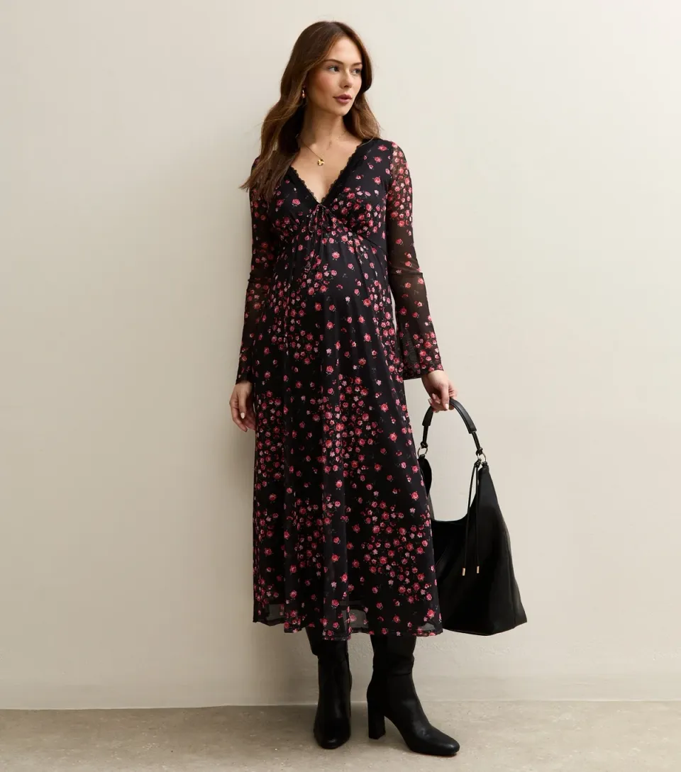 Women's Maternity Black Rose Long Sleeve Lace Mesh Midi Dress