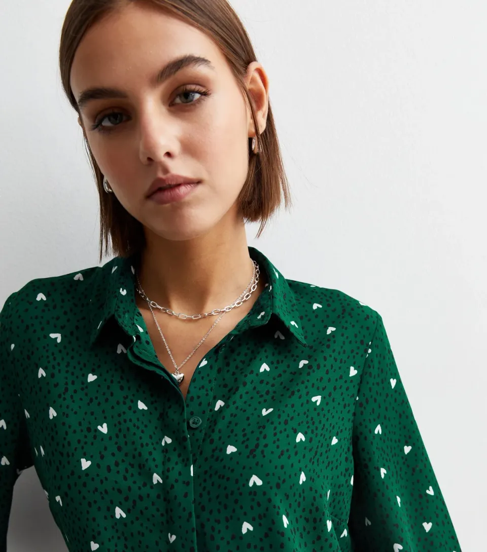 Women's Green Heart Print Collared Shirt