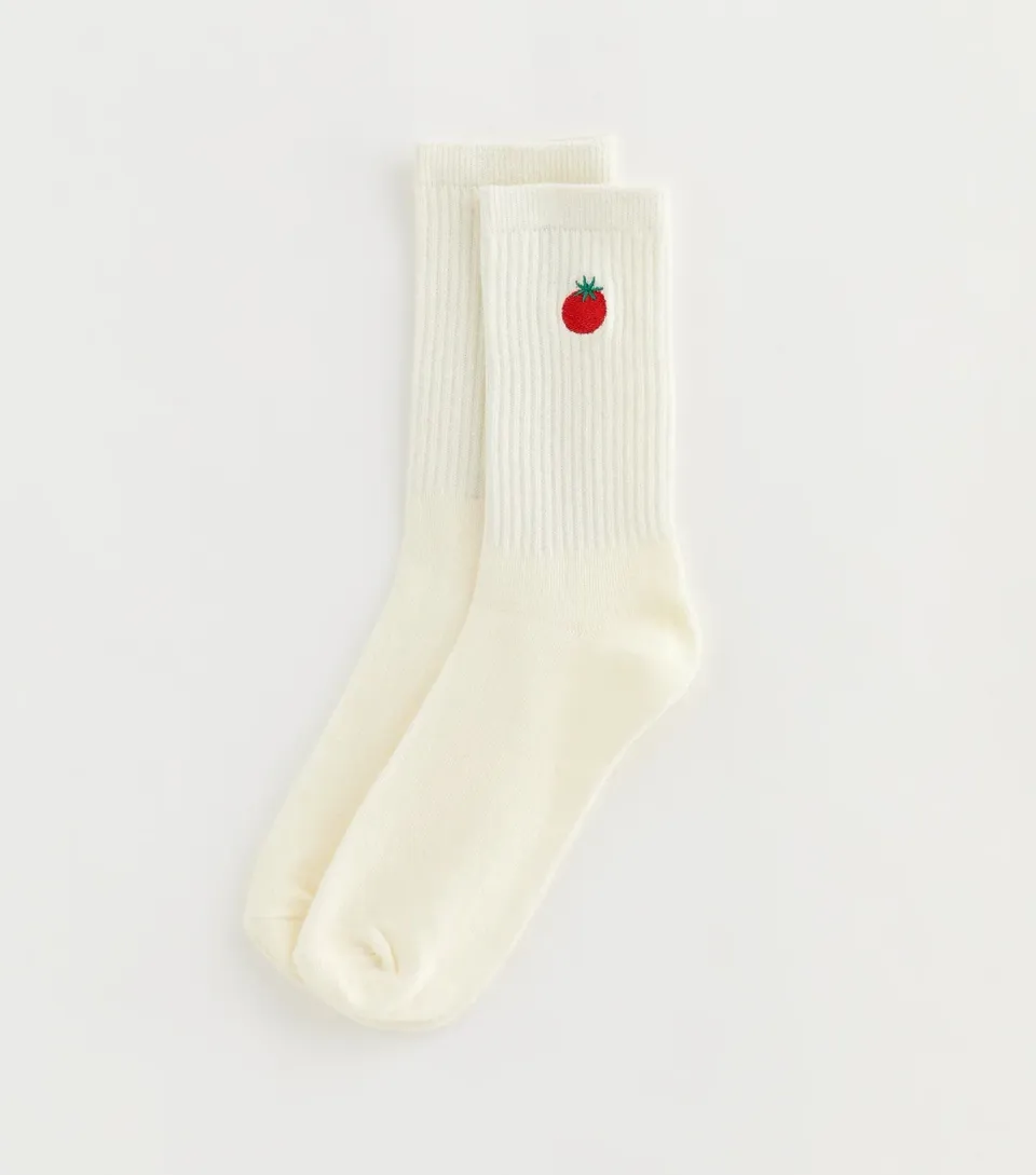 White Embroidered Tomato Ribbed Tube Socks
