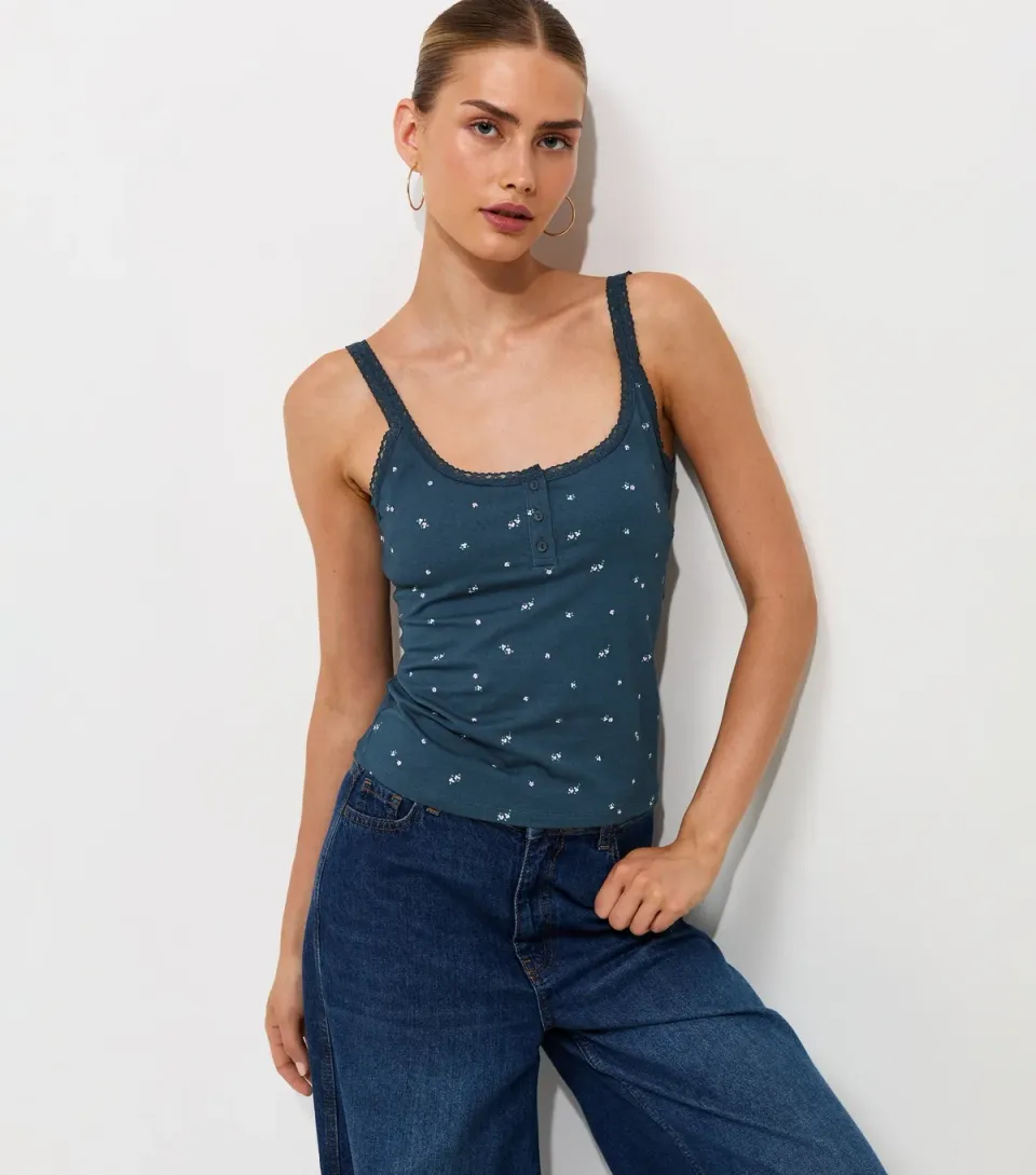 Women's Blue Floral Cotton Rich Floral Lace Trim Henley Tank Top