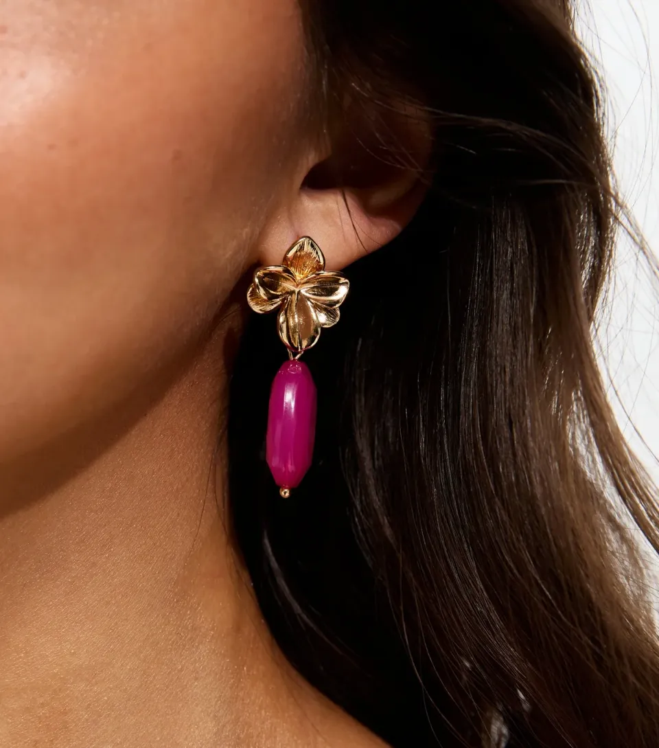 Bright Pink Flower Bead Drop Earrings