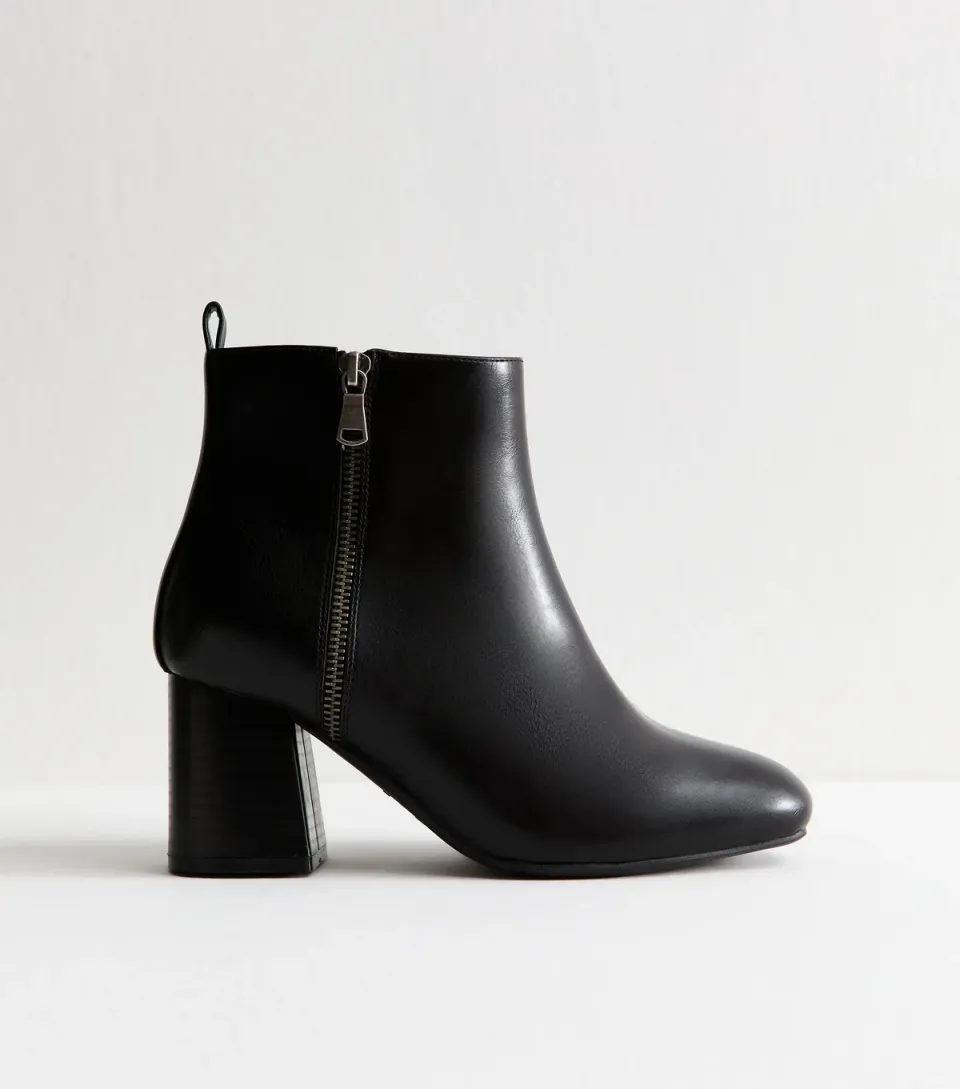 Women's Extra Wide Fit Black Faux Leather Double Zip Heeled Ankle Boots Vegan
