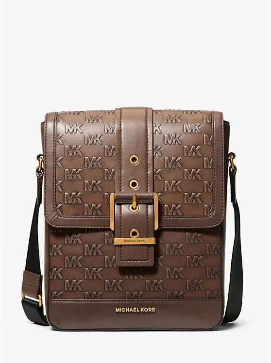 Colby Logo Embossed Burnished Leather Messenger Bag