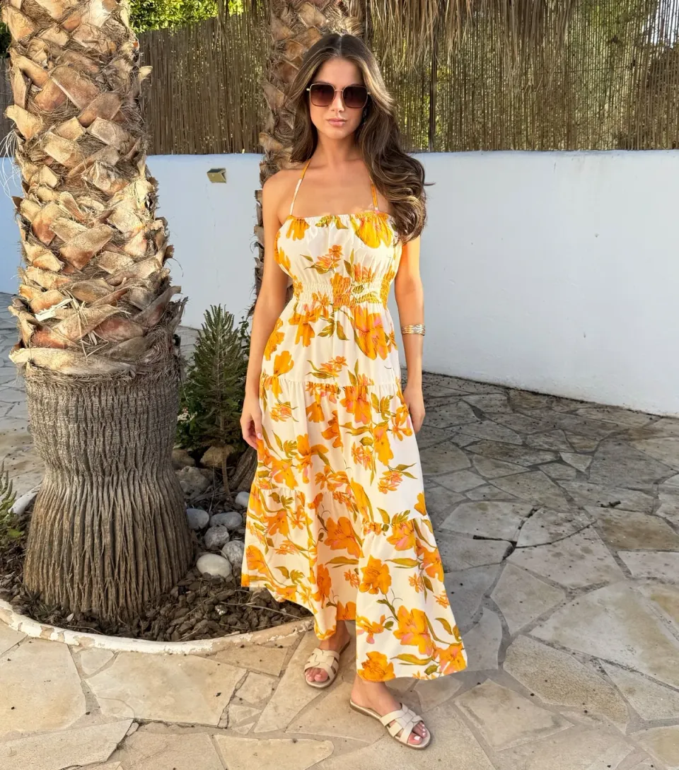Women's Yellow Floral Tiered Halterneck Midi Dress