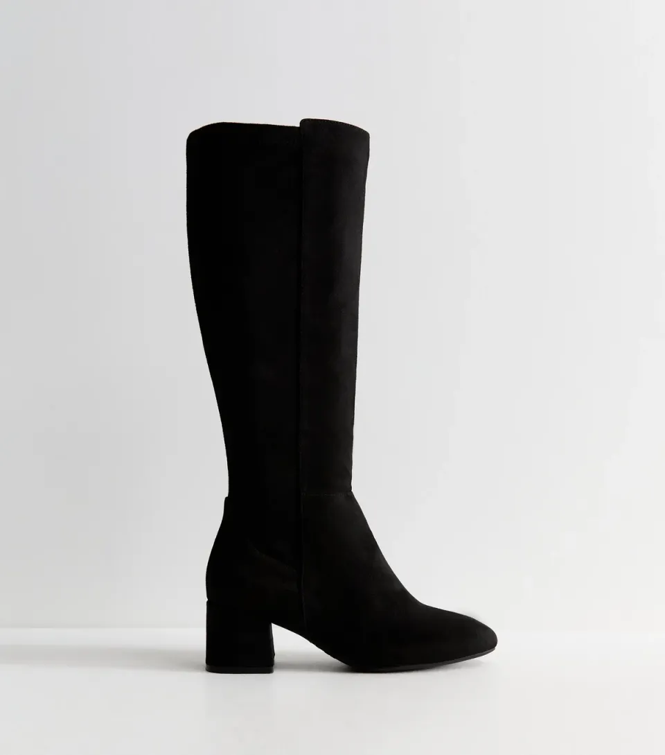 Women's Wide Fit Black Low Block Heel Almond Toe Knee High Boots Vegan
