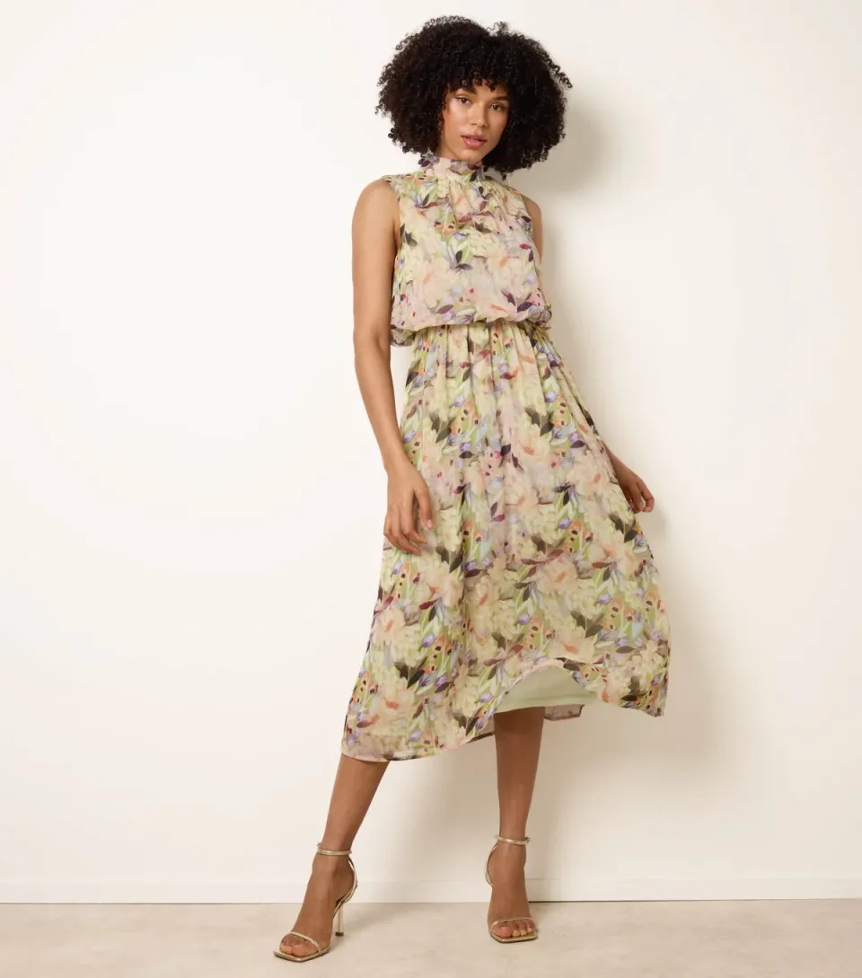 Women's Green Floral Print Puffball Waist Midi Dress