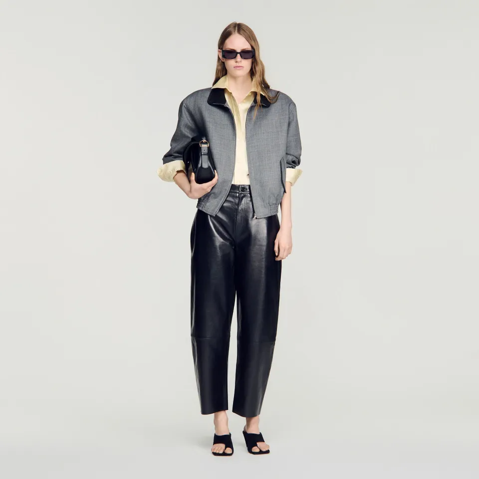 Leather barrel-leg trousers
