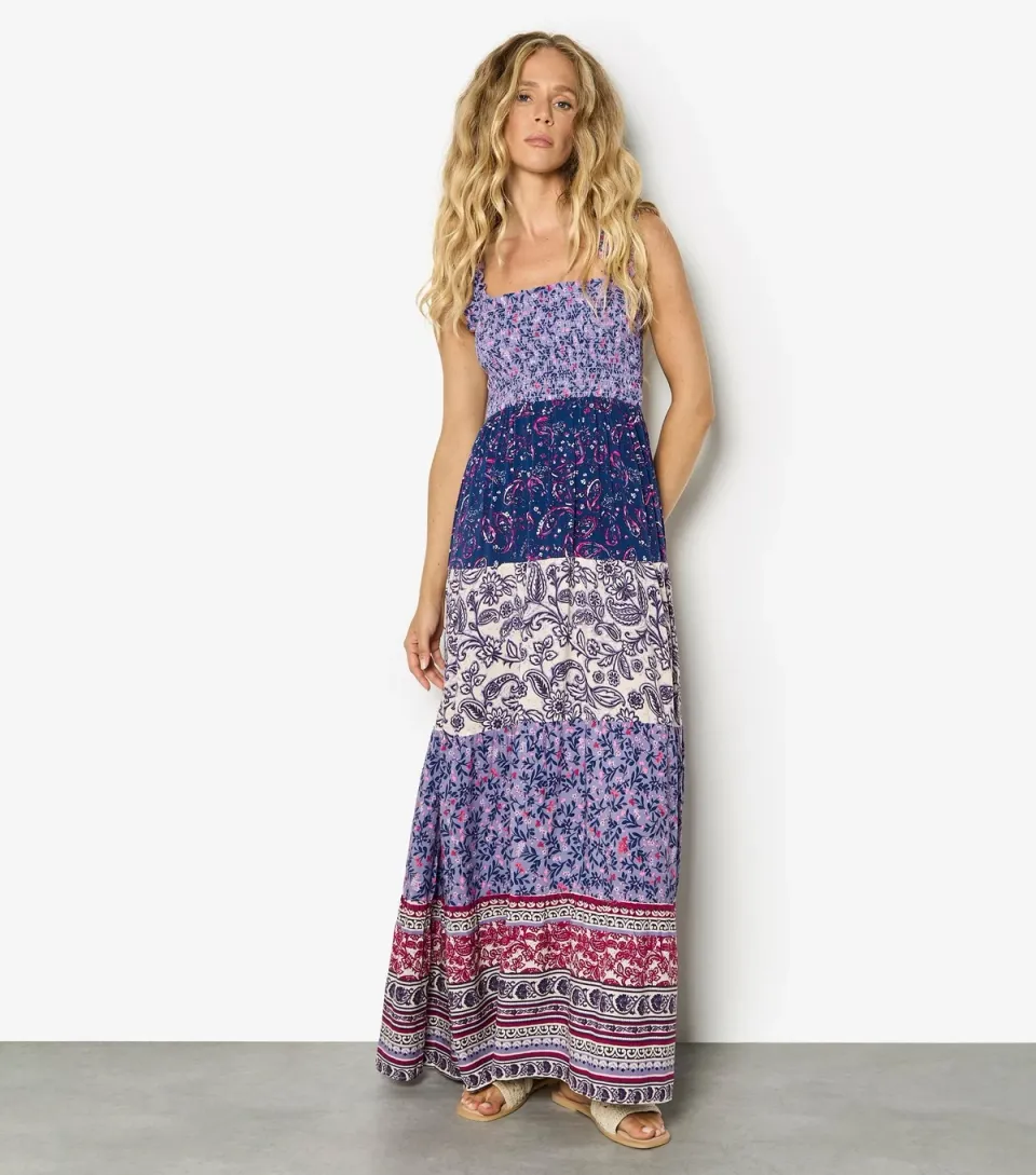 Women's Purple Shirred Patchwork Maxi Dress