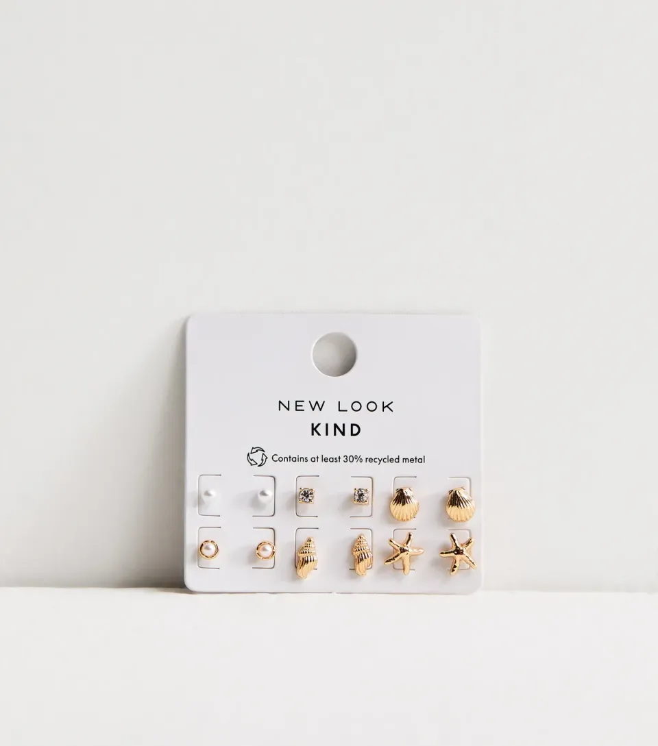 Pack of 6 Gold Tone Seashell Stud Earrings