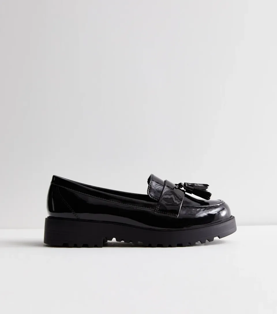 Women's Wide Fit Black Patent Chunky Tassel Loafers