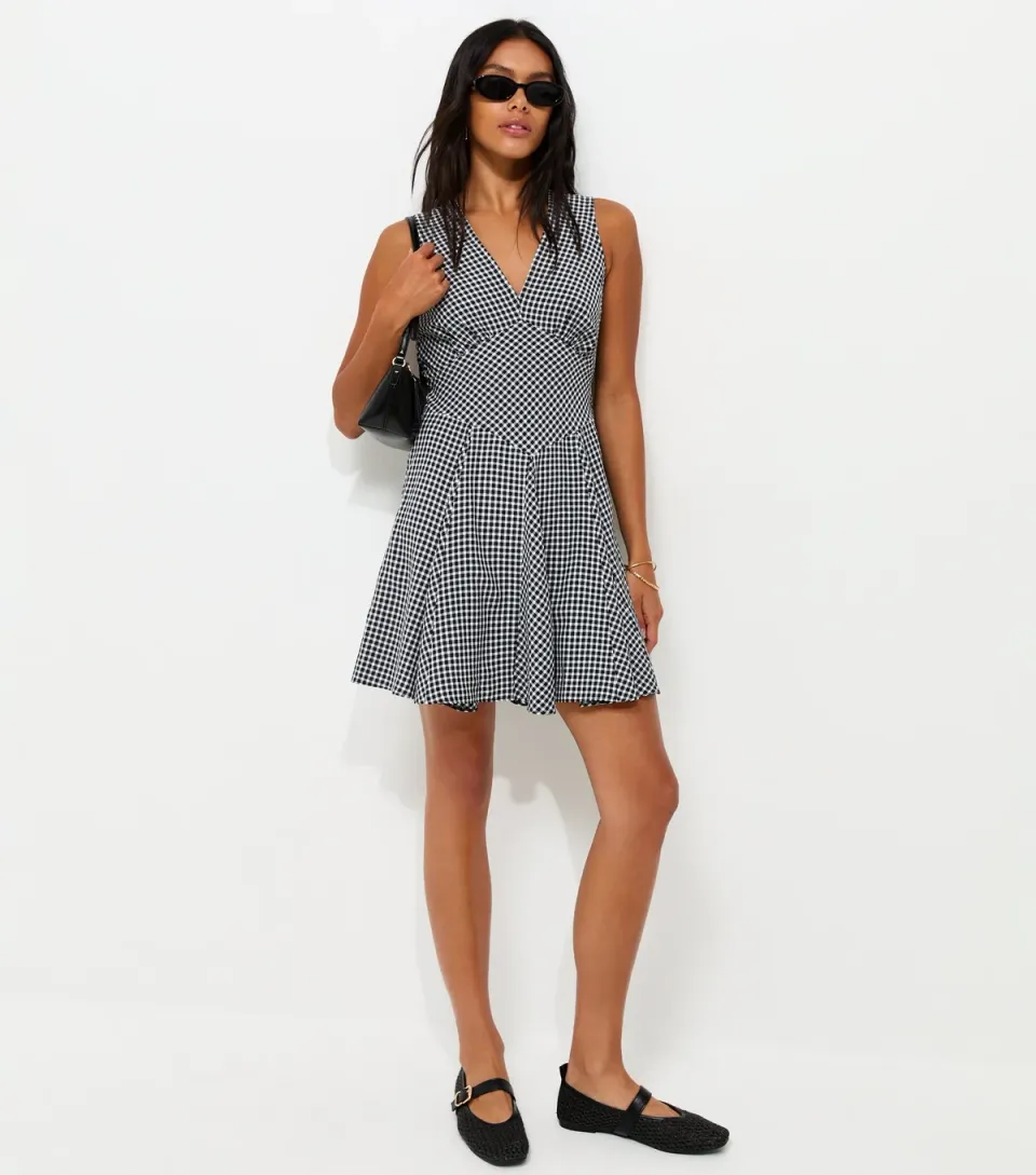 Women's Black Gingham Textured V-Neck Mini Dress