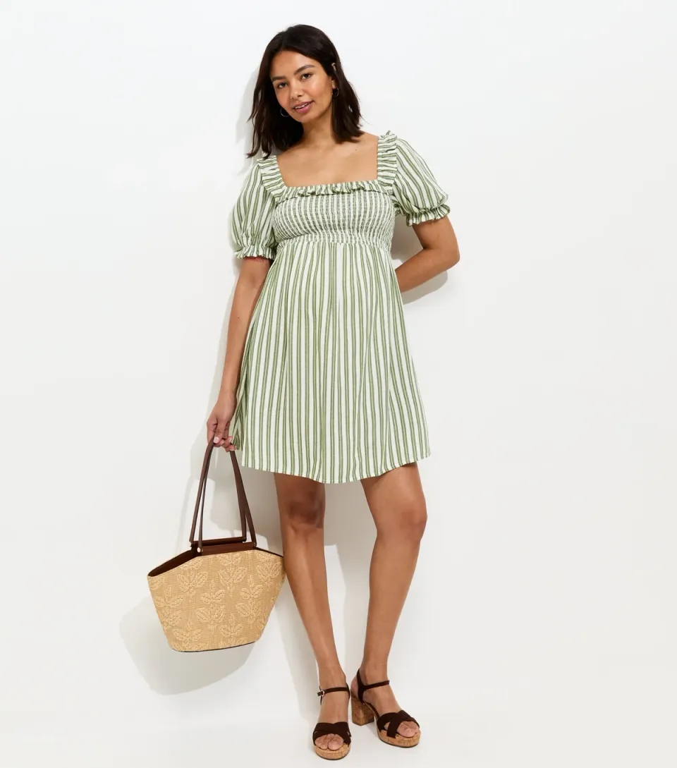 Women's Maternity Green Striped Frilly Trim Dress