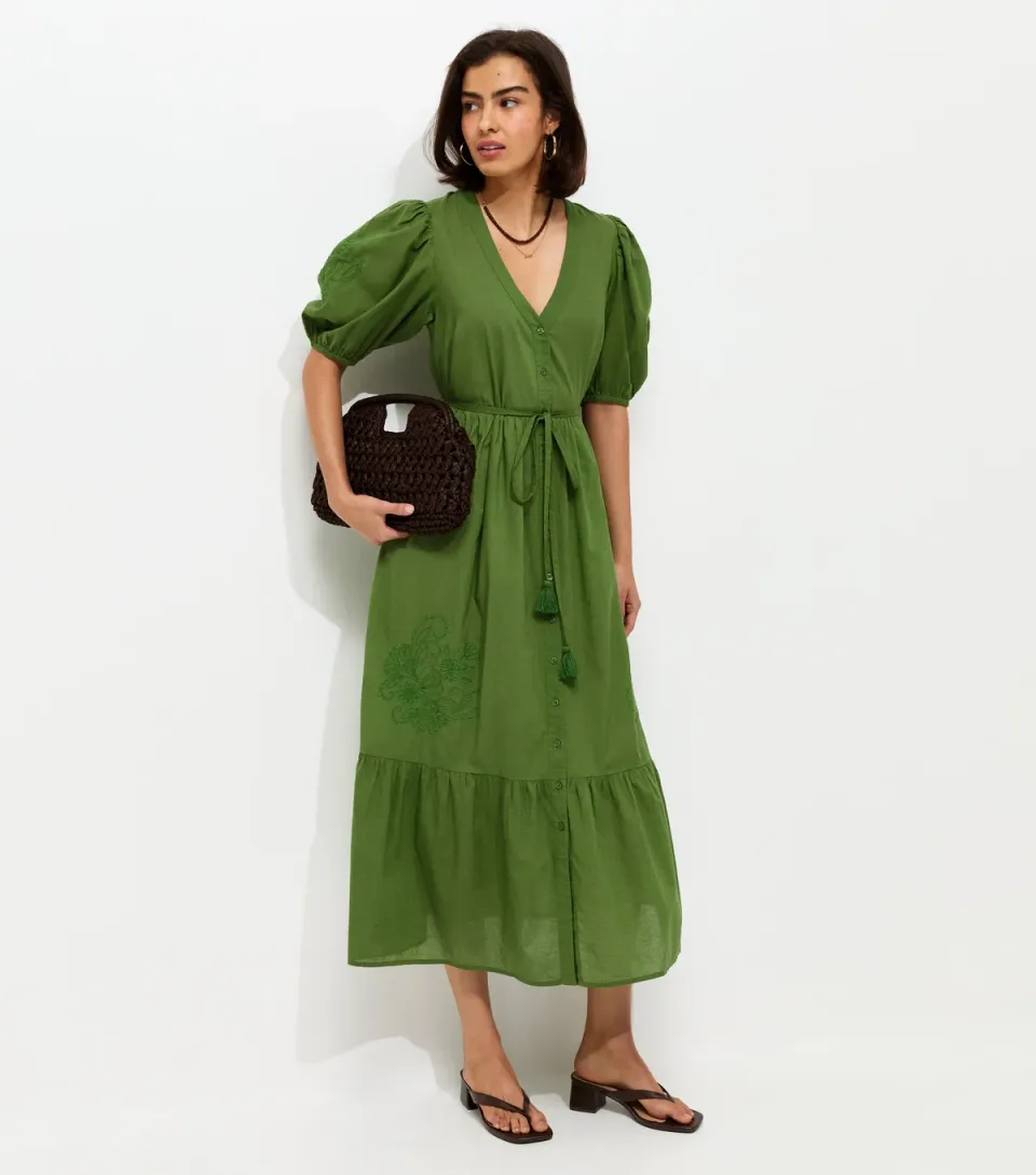 Women's Bright Green Embroidered Smock Midi Dress