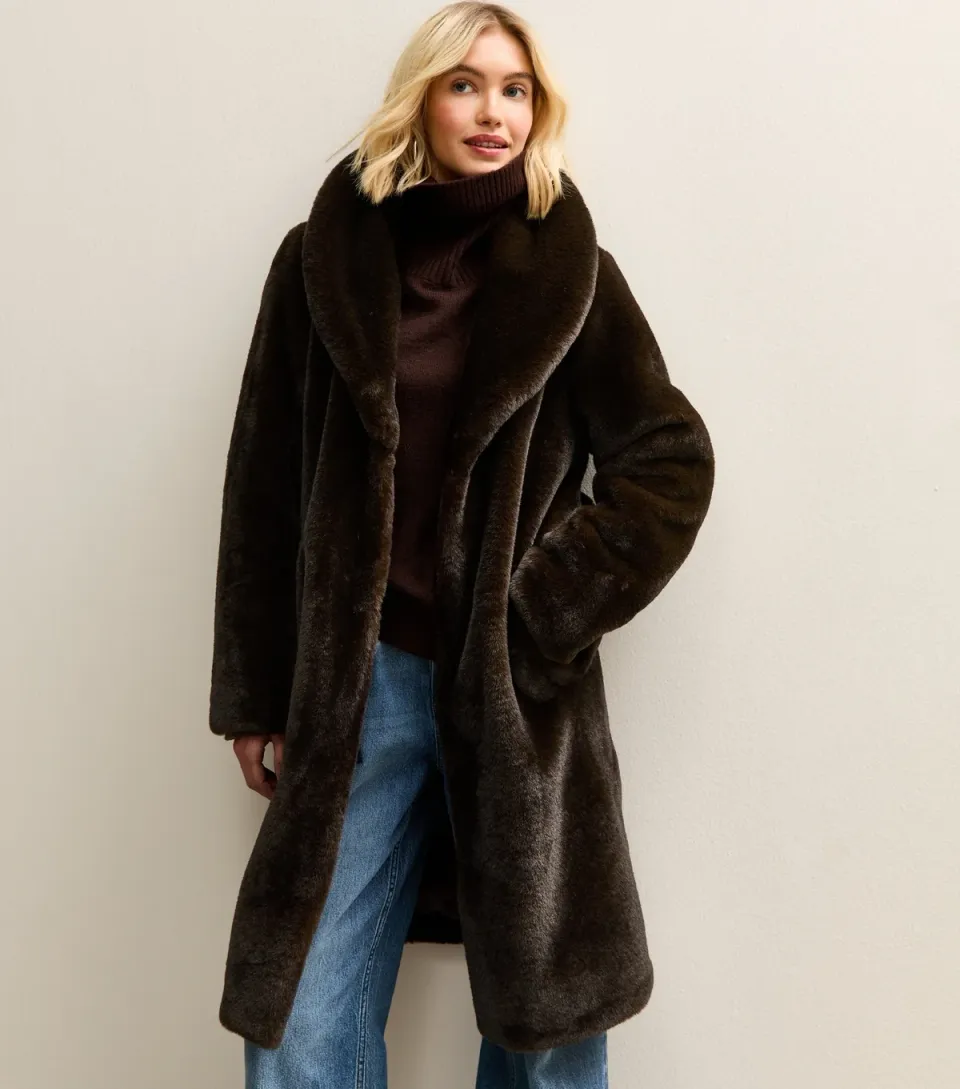 Women's Dark Brown Longline Faux Fur Coat