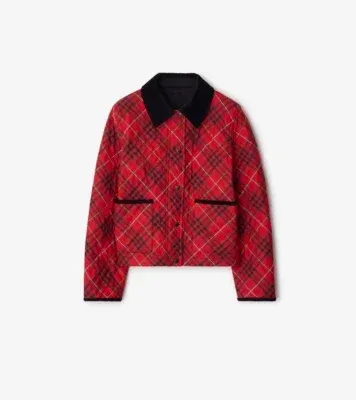 Cropped Check Cotton Quilted Jacket in Poppy red
