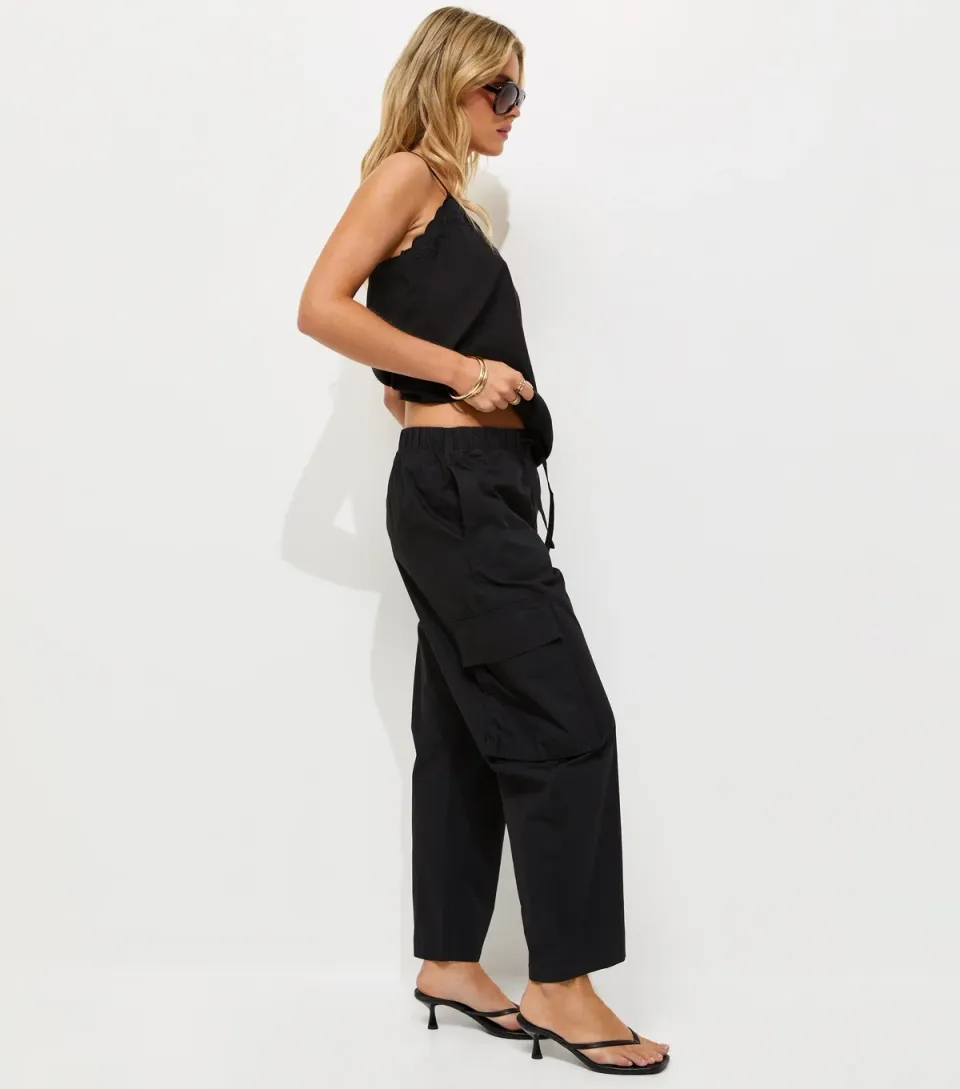 Women's Petite Black Cotton Utility Cargo Trousers