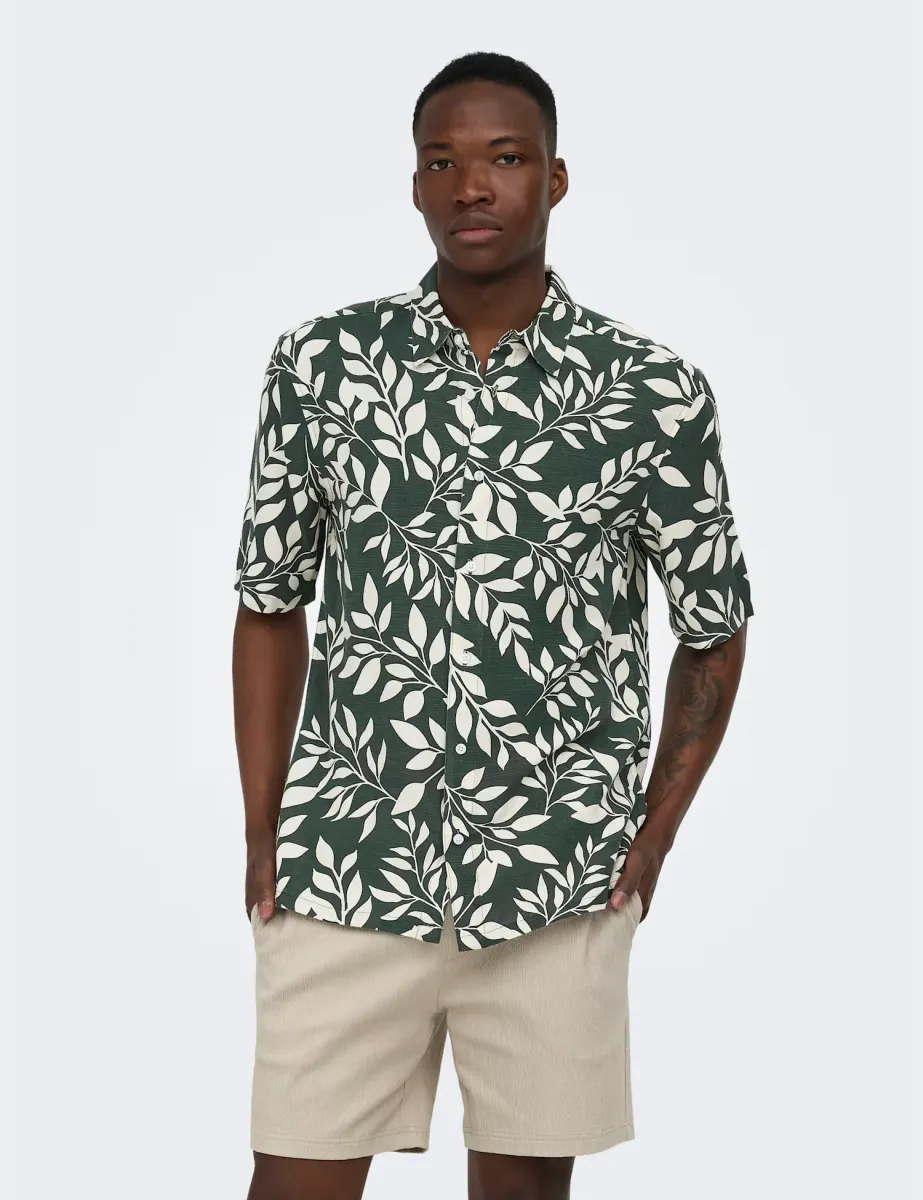 Regular Fit Abstract Print Short Sleeve Shirt Dark Green