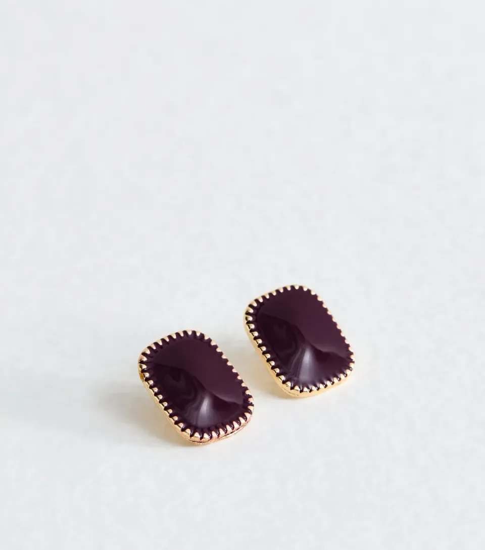 Dark Burgundy Enamel Rectangle Stud Earrings